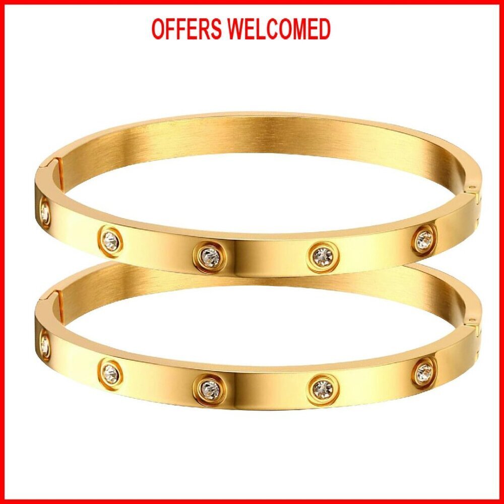 18K Gold Plated Cubic Zirconia Bangle Bracelet Set, 17cm Circumference